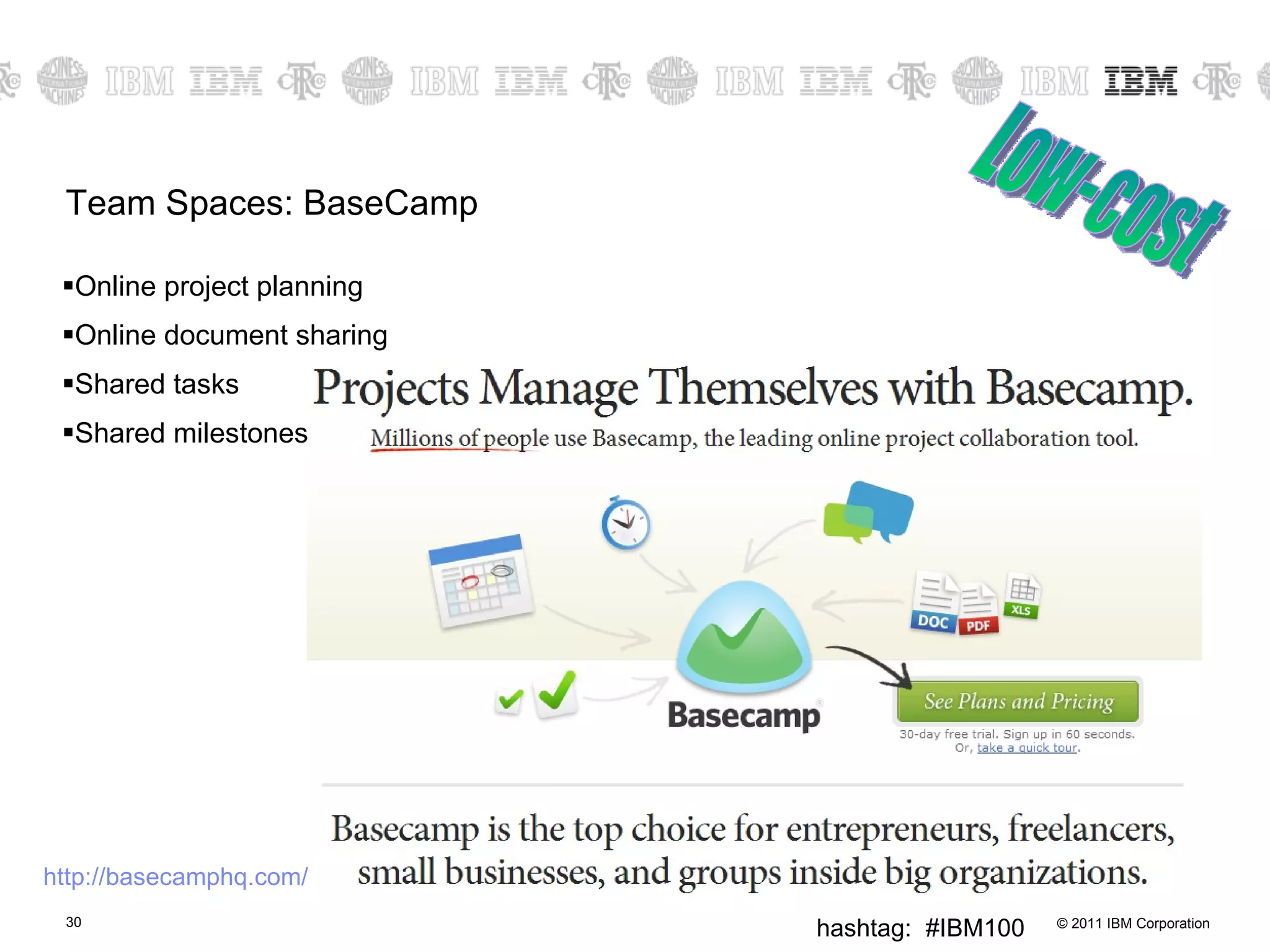 Team Spaces: BaseCamp Online project planning Online document sharing Shared tasks Shared milestones Low-cost http://basecamphq.com/ 
