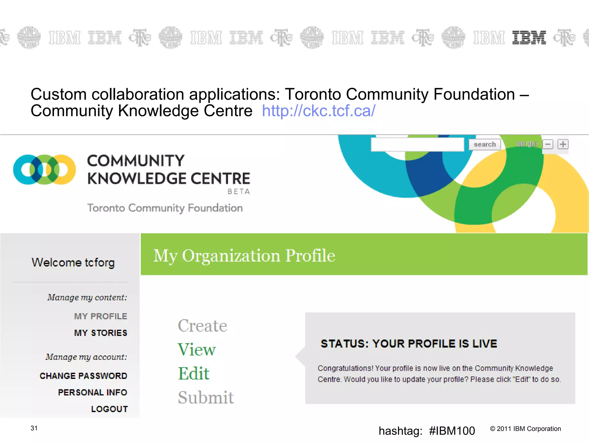 Custom collaboration applications: Toronto Community Foundation – Community Knowledge Centre  http:// ckc.tcf.ca / 