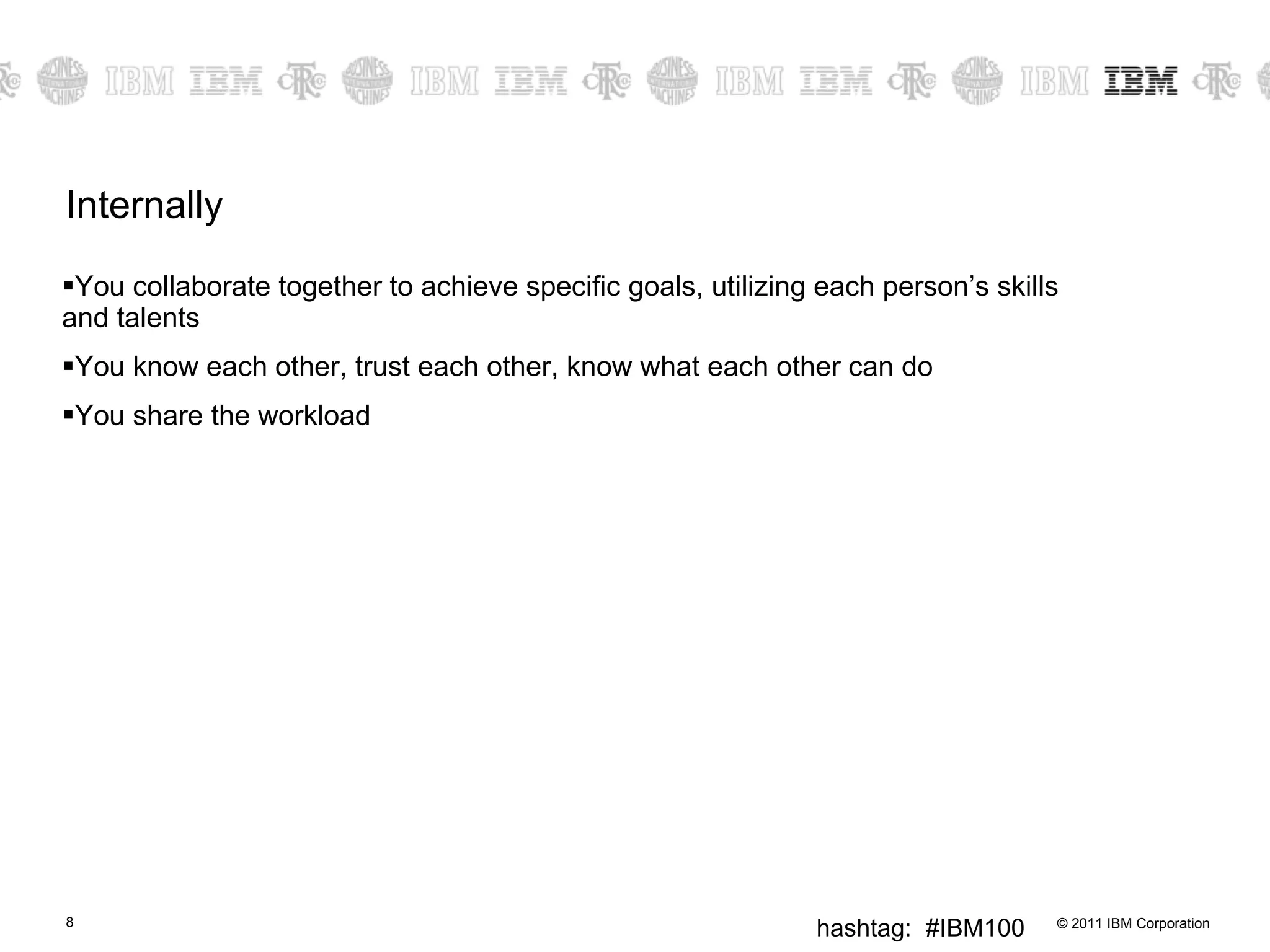 Internally You collaborate together to achieve specific goals, utilizing each person’s skills and talents You know each other, trust each other, know what each other can do You share the workload 