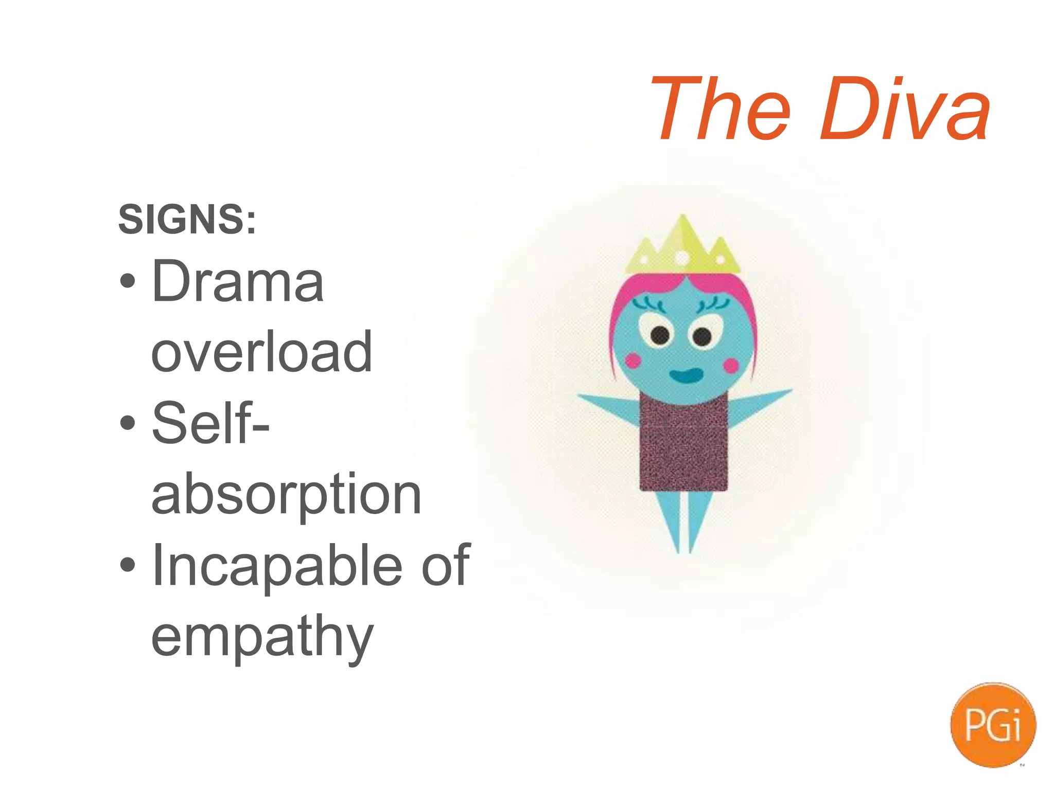 The Diva
SIGNS:
• Drama
overload
• Self-
absorption
• Incapable of
empathy
 