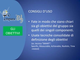 CONSIGLI D’USO

GLI
OBIETTIVI

• Fate in modo che siano chiari
sia gli obiettivi del gruppo sia
quelli dei singoli componenti.
• Usate tecniche consolidate di
definizione degli obiettivi
(es. tecnica “SMART”: Specific, Measurable,
Achievable, Realistic, Time-related)

 