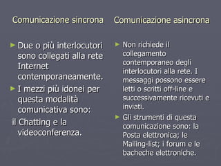 Comunicazione sincrona Due o più interlocutori sono collegati alla rete Internet contemporaneamente. I mezzi più idonei per questa modalità comunicativa sono:  il Chatting e la videoconferenza. Non richiede il collegamento contemporaneo degli interlocutori alla rete. I messaggi possono essere letti o scritti off-line e successivamente ricevuti e inviati. Gli strumenti di questa comunicazione sono: la Posta elettronica; le Mailing-list; i forum e le bacheche elettroniche. Comunicazione asincrona 