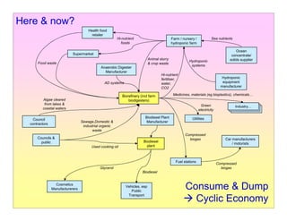 Here & now?
                                      Health food
                                        retailer
                                                        Hi-nutrient                          Farm / nursery /            Sea nutrients
                                                          foods                              hydroponic farm

                                                                                                                                         Ocean
                            Supermarket                                                                                               concentrate/
                                                                             Animal slurry                                           solids supplier
                                                                                                        Hydroponic
      Food waste                                                             & crop waste
                                                                                                         systems
                                             Anaerobic Digester
                                               Manufacturer
                                                                                     Hi-nutrient
                                                                                     fertiliser,                                Hydroponic
                                               AD systems                            water,                                      equipment
                                                                                     CO2                                        manufacturer

                                                           Biorefinery (incl farm             Medicines, materials (eg bioplastics), chemicals…
         Algae cleared                                         biodigesters)
          from lakes &                                                                                            Green                  Industry…
                                                                                                                                          Industry…
         coastal waters                                                                                         electricity                Industry…

                                                                          Biodiesel Plant                 Utilities
    Council
                                  Sewage,Domestic &                        Manufacturer
  contractors
                                   industrial organic
                                        waste
                                                                                                     Compressed
      Councils &                                                                                       biogas                     Car manufacturers
        public                                                           Biodiesel
                                                                                                                                      / motorists
                                        Used cooking oil                   plant



                                                                                               Fuel stations
                                                                                                                              Compressed
                                             Glycerol                                                                           biogas
                                                                        Biodiesel


                  Cosmetics
                Manufacturerers
                                                             Vehicles, esp
                                                                Public
                                                                                                     Consume & Dump
                                                              Transport
                                                                                                       Cyclic Economy
 