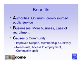 Benefits
• Authorities: Optimum, crowd-sourced
 public service
• Businesses: More business, Ease of
 recruitment
• Causes & Community:
  – Improved Support, Membership & Delivery
  – Needs met, Access to employment,
    Community spirit
 