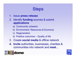 Steps
1. Issue press release
2. Identify funding sources & submit
   applications
  a)   Community cohesion
  b)   Environment, Resources & Economy
  c)   Regeneration
  d)   Positive outcomes – Quality of life
3. Create social media & offline network
4. Invite authorities, businesses, charities &
   communities into network and meet…
 