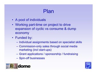 Plan
• A pool of individuals
• Working part-time on project to drive
  expansion of cyclic vs consume & dump
  economy
• Funded by:
  – Individual assignments based on specialist skills
  – Commission-only sales through social media
    marketing (incl start-ups)
  – Grant applications / sponsorship / fundraising
  – Spin-off businesses
 