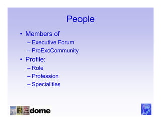 People
• Members of
  – Executive Forum
  – ProExcCommunity
• Profile:
  – Role
  – Profession
  – Specialities
 