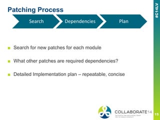 Patching Process
■ Search for new patches for each module
■ What other patches are required dependencies?
■ Detailed Implementation plan – repeatable, concise
Search Dependencies Plan
 