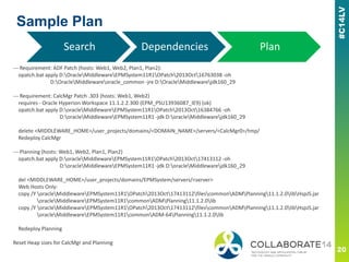 Sample Plan
--- Requirement: ADF Patch (hosts: Web1, Web2, Plan1, Plan2):
opatch.bat apply D:OracleMiddlewareEPMSystem11R1OPatch2013Oct16763038 -oh
D:OracleMiddlewareoracle_common -jre D:OracleMiddlewarejdk160_29
--- Requirement: CalcMgr Patch .303 (hosts: Web1, Web2)
requires - Oracle Hyperion Workspace 11.1.2.2.300 (EPM_PSU13936087_IE9) (ok)
opatch.bat apply D:oracleMiddlewareEPMSystem11R1OPatch2013Oct16384766 -oh
D:oracleMiddlewareEPMSystem11R1 -jdk D:oracleMiddlewarejdk160_29
delete <MIDDLEWARE_HOME>/user_projects/domains/<DOMAIN_NAME>/servers/<CalcMgr0>/tmp/
Redeploy CalcMgr
--- Planning (hosts: Web1, Web2, Plan1, Plan2)
opatch.bat apply D:oracleMiddlewareEPMSystem11R1OPatch2013Oct17413112 -oh
D:oracleMiddlewareEPMSystem11R1 -jdk D:oracleMiddlewarejdk160_29
del <MIDDLEWARE_HOME>/user_projects/domains/EPMSystem/servers/<server>
Web Hosts Only:
copy /Y oracleMiddlewareEPMSystem11R1OPatch2013Oct17413112filescommonADMPlanning11.1.2.0libHspJS.jar
oracleMiddlewareEPMSystem11R1commonADMPlanning11.1.2.0lib
copy /Y oracleMiddlewareEPMSystem11R1OPatch2013Oct17413112filescommonADMPlanning11.1.2.0libHspJS.jar
oracleMiddlewareEPMSystem11R1commonADM-64Planning11.1.2.0lib
Redeploy Planning
Reset Heap sizes for CalcMgr and Planning
Search Dependencies Plan
 
