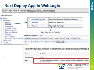 Next Deploy App in WebLogic
Main Menu
Deployment Details
WebLogic Admin Server: http://wlserver:7001/console
 