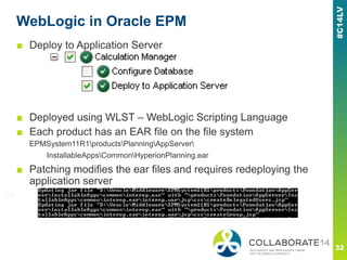 WebLogic in Oracle EPM
■ Deploy to Application Server
■ Deployed using WLST – WebLogic Scripting Language
■ Each product has an EAR file on the file system
EPMSystem11R1productsPlanningAppServer
InstallableAppsCommonHyperionPlanning.ear
■ Patching modifies the ear files and requires redeploying the
application server
 
