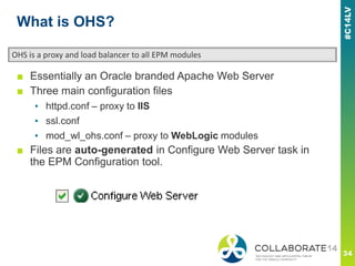 What is OHS?
■ Essentially an Oracle branded Apache Web Server
■ Three main configuration files
▪ httpd.conf – proxy to IIS
▪ ssl.conf
▪ mod_wl_ohs.conf – proxy to WebLogic modules
■ Files are auto-generated in Configure Web Server task in
the EPM Configuration tool.
OHS is a proxy and load balancer to all EPM modules
 