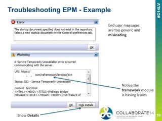 Troubleshooting EPM - Example
Show Details
End user messages
are too generic and
misleading
Notice the
framework module
is having issues
 