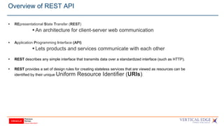 Overview of REST API
 REpresentational State Transfer (REST)
 An architecture for client-server web communication
 Application Programming lnterface (API)
 Lets products and services communicate with each other
 REST describes any simple interface that transmits data over a standardized interface (such as HTTP).
 REST provides a set of design rules for creating stateless services that are viewed as resources can be
identified by their unique Uniform Resource Identifier (URIs).
 