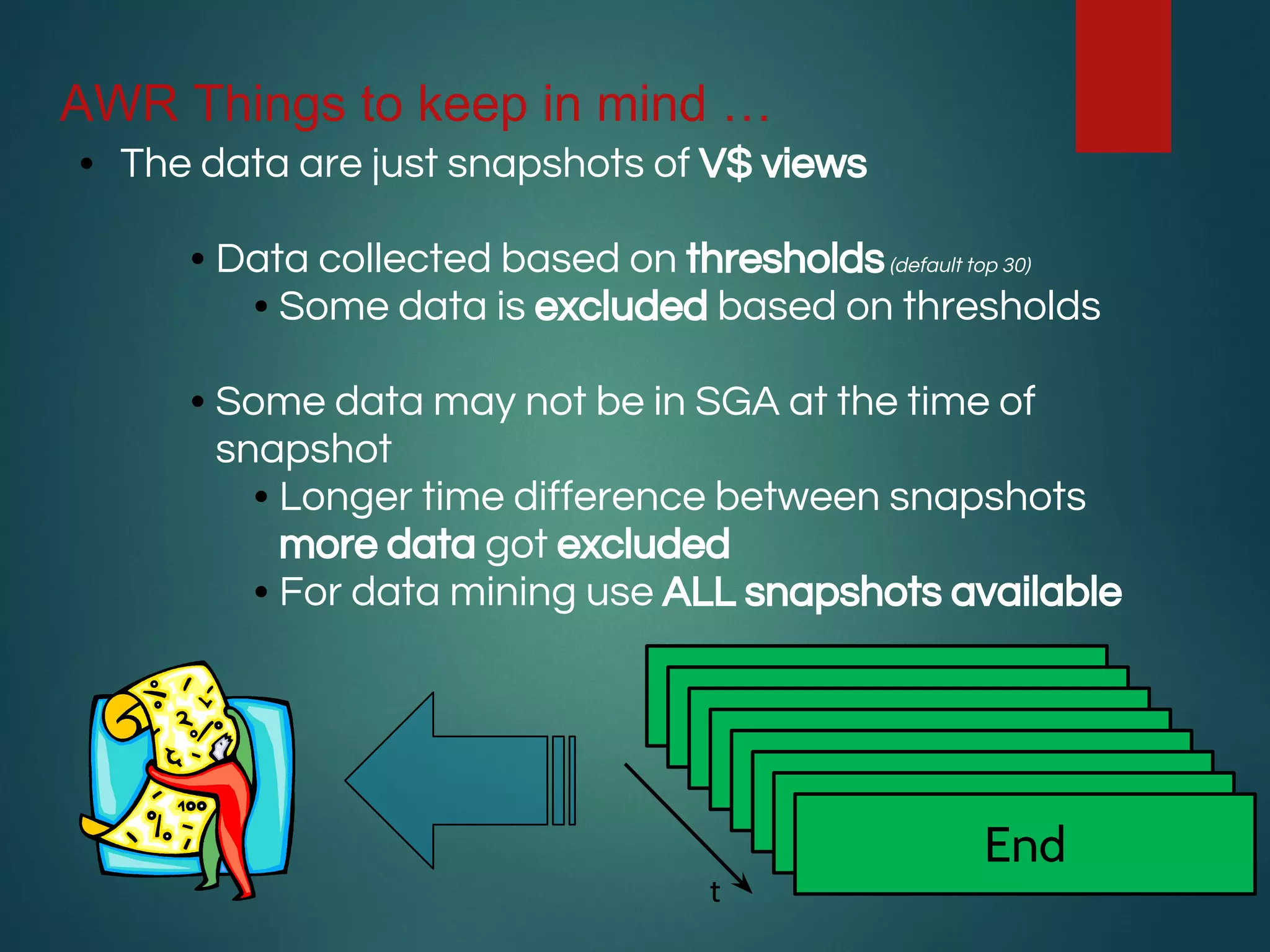 AWR Things to keep in mind …
• The data are just snapshots of V$ views
• Data collected based on thresholds(default top 30)
• Some data is excluded based on thresholds
• Some data may not be in SGA at the time of
snapshot
• Longer time difference between snapshots
more data got excluded
• For data mining use ALL snapshots available
Begin
End
t
 