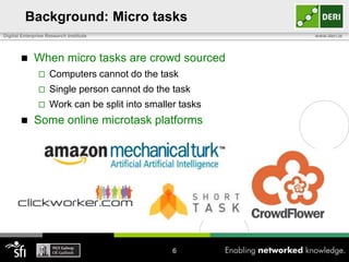 Background: Micro tasks
Digital Enterprise Research Institute



www.deri.ie

When micro tasks are crowd sourced



Single person cannot do the task





Computers cannot do the task
Work can be split into smaller tasks

Some online microtask platforms

6

 