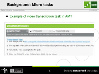 Background: Micro tasks
Digital Enterprise Research Institute



www.deri.ie

Example of video transcription task in AMT

9

 