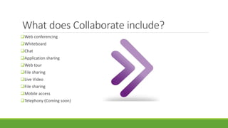 What does Collaborate include?
Web conferencing
Whiteboard
Chat
Application sharing
Web tour
File sharing
Live Video
File sharing
Mobile access
Telephony (Coming soon)
 