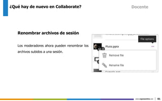 www.cognosonline.com 01
¿Qué hay de nuevo en Collaborate?
Renombrar archivos de sesión
Los moderadores ahora pueden renombrar los
archivos subidos a una sesión.
Docente
 