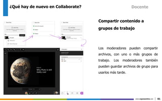 www.cognosonline.com 01
¿Qué hay de nuevo en Collaborate?
Compartir contenido a
grupos de trabajo
Los moderadores pueden compartir
archivos, con uno o más grupos de
trabajo. Los moderadores también
pueden guardar archivos de grupo para
usarlos más tarde.
Docente
 