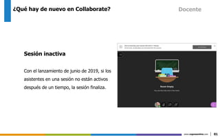 www.cognosonline.com 01
¿Qué hay de nuevo en Collaborate?
Sesión inactiva
Con el lanzamiento de junio de 2019, si los
asistentes en una sesión no están activos
después de un tiempo, la sesión finaliza.
Docente
 