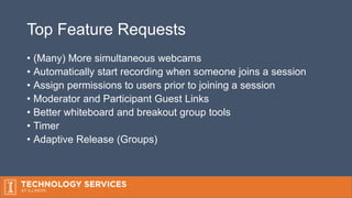 Top Feature Requests
• (Many) More simultaneous webcams
• Automatically start recording when someone joins a session
• Assign permissions to users prior to joining a session
• Moderator and Participant Guest Links
• Better whiteboard and breakout group tools
• Timer
• Adaptive Release (Groups)
 