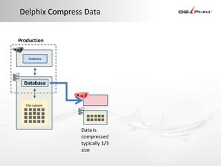 Delphix Compress Data


Production


    Instance




  Database


   File system




                 Data is
                 compressed
                 typically 1/3
                 size
 