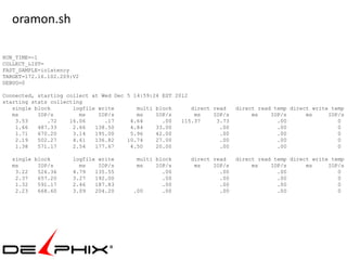 oramon.sh

RUN_TIME=-1
COLLECT_LIST=
FAST_SAMPLE=iolatency
TARGET=172.16.102.209:V2
DEBUG=0

Connected, starting collect at Wed Dec 5 14:59:24 EST 2012
starting stats collecting
   single block       logfile write       multi block      direct read    direct read temp direct write temp
   ms      IOP/s        ms    IOP/s       ms    IOP/s       ms    IOP/s        ms    IOP/s      ms     IOP/s
    3.53      .72    16.06      .17     4.64      .00   115.37     3.73                .00                0
    1.66   487.33     2.66   138.50     4.84    33.00               .00                .00                0
    1.71   670.20     3.14   195.00     5.96    42.00               .00                .00                0
    2.19   502.27     4.61   136.82    10.74    27.00               .00                .00                0
    1.38   571.17     2.54   177.67     4.50    20.00               .00                .00                0

  single block        logfile write       multi block     direct read     direct read temp direct write temp
  ms      IOP/s         ms    IOP/s       ms    IOP/s      ms    IOP/s         ms    IOP/s      ms     IOP/s
   3.22   526.36      4.79   135.55               .00              .00                 .00                0
   2.37   657.20      3.27   192.00               .00              .00                 .00                0
   1.32   591.17      2.46   187.83               .00              .00                 .00                0
   2.23   668.60      3.09   204.20      .00      .00              .00                 .00                0
 