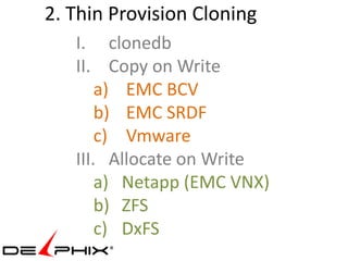 2. Thin Provision Cloning
   I. clonedb
   II. Copy on Write
       a) EMC BCV
       b) EMC SRDF
       c) Vmware
   III. Allocate on Write
       a) Netapp (EMC VNX)
       b) ZFS
       c) DxFS
 