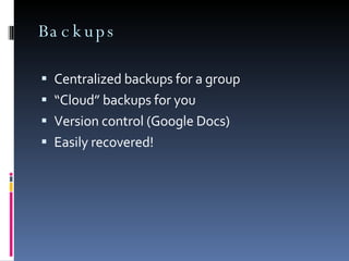 Social Networking Sites Facebook www.facebook.com Ning www.ning.com Uses (Facebook) use as platform for custom apps (GTD app, etc.) 