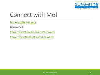 Connect with Me!
Ben.woelk@gmail.com
@benwoelk
https://www.linkedin.com/in/benwoelk
https://www.facebook.com/ben.woelk
BEN.WOELK@GMAIL.COM 14
 