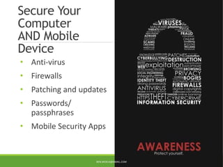 Secure Your
Computer
AND Mobile
Device
• Anti-virus
• Firewalls
• Patching and updates
• Passwords/
passphrases
• Mobile Security Apps
4BEN.WOELK@GMAIL.COM
 