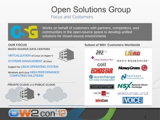 Open Solutions Group
                                Focus and Customers

                         Works on behalf of customers with partners, competitors, and
                         communities in the open-source space to develop unified
                         solutions for mixed-source environments

OUR FOCUS                                          Subset of 900+ Customers Worldwide
MIXED-SOURCE DATA CENTERS

VIRTUALIZATION of Linux on Hyper-V
SYSTEMS MANAGEMENT of Linux
Support for LINUX OPERATING SYSTEM

Windows and Linux HIGH PERFORMANCE
 COMPUTING SOLUTIONS

PRIVATE CLOUD and PUBLIC CLOUD


                     +



                                                                                        7
 