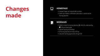 Changes
made
HOMEPAGE
• removed images and replaced with accordion
• under each module is information about what is covere...