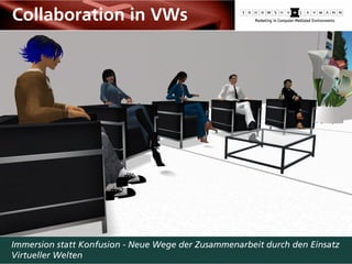 Neue Wege der Zusammenarbeit durch den Einsatz Virtueller Welten

Collaboration in VWs




Immersion statt Konfusion - Neue Wege der Zusammenarbeit durch den Einsatz
Virtueller Welten
 