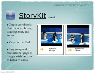 DIGITAL STORYTELLING APPS




                             StoryKit   (free)


           ‣Create storybooks
           that include photos,
           drawing, text, and
           audio

           ‣View on the iPad
           ‣Easy to upload to
           free internet page as
           images with buttons
           to listen to audio


Saturday, October 29, 2011
 