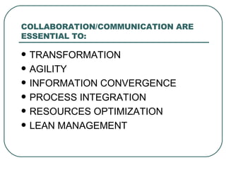 COLLABORATION/COMMUNICATION ARE ESSENTIAL TO: TRANSFORMATION AGILITY INFORMATION CONVERGENCE PROCESS INTEGRATION RESOURCES OPTIMIZATION LEAN MANAGEMENT 