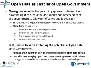 Open Data as Enabler of Open Government
• Open government is the governing approach where citizens
have the right to access the documents and proceedings of
the government to allow for effective public oversight
– Enables citizens to get more directly involved in the legislative process
– Open Data brings about:
1. More efficient and effective government
2. Innovation and economic growth
3. Transparency and accountability and
4. Inclusion and empowerment
• BUT, serious lacks on exploiting the potential of Open Data,
since Governments:
– Focused their attention only on implementing their open data portals
– Low effort on bringing open data closer to entrepreneurs and citizens
through suitable APIs, easily consumable by application developers
 
