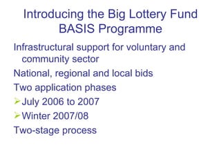 Introducing the Big Lottery Fund BASIS Programme Infrastructural support for voluntary and community sector National, regional and local bids Two application phases July 2006 to 2007 Winter 2007/08 Two-stage process 