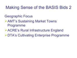 Making Sense of the BASIS Bids 2 Geographic Focus AMT’s Sustaining Market Towns Programme  ACRE’s Rural Infrastructure England DTA’s Cultivating Enterprise Programme 