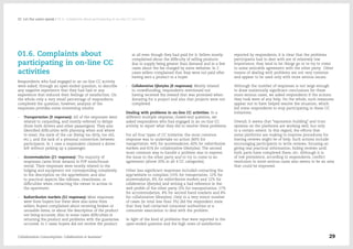 01.6. Complaints about
participating in on-line CC
activities
Respondents who had engaged in an on-line CC activity
were asked, through an open-ended question, to describe
any negative experience that they had had or any
experience that reduced their feelings of satisfaction. On
the whole only a very small percentage of respondents
completed the question, however, analysis of the
responses provides some interesting results:
-- Transportation (9 responses): All of the responses were
related to carpooling, and mostly referred to delays
(from both drivers and other passengers). They also
identified difficulties with planning when and where
to meet, the state of the car (being too dirty, too old,
etc.), and the lack of a personal connection between
participants. In 1 case a respondent claimed a driver
left without picking up a passenger.
-- Accommodation (21 responses): The majority of
responses came from tenants in P2P room/house
rental. Their responses were mostly related to the
lodging and equipment not corresponding completely
to the description on the app/website, and also
to practical aspects like tidiness, cleanliness, or
difficulties when contacting the owner to access to
the apartment.
-- Redistribution markets (52 responses): Most responses
were from buyers but there were also some from
sellers. Buyers complained about receiving broken or
unusable items, or about the description of the product
not being accurate. Also in some cases difficulties in
returning the product and problems with the guarantee
occurred. In 2 cases buyers did not receive the product
at all even though they had paid for it. Sellers mostly
complained about the difficulty of selling products
due to supply being greater than demand and in a few
cases about the fee charged by some websites. In 2
cases sellers complained that they were not paid after
having sent a product to a buyer.
-- Collaborative lifestyles (8 responses): Mostly related
to crowdfunding, respondents mentioned not
having received the reward that was promised when
donating for a project and also that projects were not
completed.
Dealing with problems in on-line CC activities: In a
different multiple response, closed-end question, we
asked respondents who had engaged in an on-line CC
activity to report what they did to resolve these problems.
For all four types of CC initiative, the most common
response was to undertake no action (60% for
transportation, 44% for accommodation, 60% for redistribution
markets and 81% for collaborative lifestyles). The second
most common way to handle a problem was to express
the issue to the other party and to try to come to an
agreement (above 20% in all 4 CC categories).
Other less significant responses included contacting the
app/website to complain (15% for transportation, 12% for
accommodation, 8% for redistribution markets and 12% for
collaborative lifestyles) and writing a bad reference in the
web profile of the other party (3% for transportation, 17%
for accommodation, 8% for second hand markets and 8%
for collaborative lifestyles). Only in a very minor number
of cases (in total less than 3%) did the respondent state
that they had contacted consumer authorities or a
consumer association to deal with the problem.
In light of the kind of problems that were reported in the
open-ended question and the high rates of satisfaction
reported by respondents, it is clear that the problems
participants had to deal with are of relatively low
importance; they tend to let things go or to try to come
to some amicable agreement with the other party. Other
means of dealing with problems are not very common
and appear to be used only with more serious issues.
Although the number of responses is not large enough
to draw statistically significant conclusions for these
more serious cases, we asked respondents if the actions
they took were of any help. On the whole, such measures
appear not to have helped resolve the situation, which
led some respondents to stop participating in these CC
initiatives.
Overall, it seems that “reputation building” and trust
systems on the platforms are working well, but only
to a certain extent. In this regard, the efforts that
some platforms are making to improve procedures for
leaving reviews might be of help. Such actions include:
encouraging participants to write reviews; focusing on
giving real practical information; hiding reviews until
both parts have completed them, etc. Although it is
of low prevalence, according to respondents, conflict
resolution in more serious cases also seems to be an area
that could be improved.
Collaborative Consumption: Collaboration or business? 29
02  Let the users speak / 01.6. Complaints about participating in on-line CC activities
 