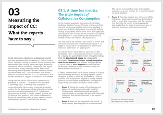 Illustration of the research design
(desk research and Delphi process)
03
Measuring the
impact of CC:
What the experts
have to say…
In the introductory chapter we summarised some of
the main arguments for and against CC. While those in
favour highlight a series of benefits for the economy, the
environment and socially, detractors signal potentially
deleterious effects for labour, competition, tax, digital
inclusion and privacy, amongst others. Apart from
identifying these arguments the desk research process
also established that a lack of evidence and reliable
research on the true impact of CC is a major issue that
hinders attempts to support or contradict such debates.
Along with the results of the users' survey that we
presented in chapter 1, the research also included
a pioneering effort to develop and implement a
methodologically rigorous and empirically grounded
method for the assessment of the triple impact (social,
economic and environmental) of P2P Collaborative
Consumption, through a Delphi research process with
CC experts. This research with experts subsequently
forms the basis of the other primary research projects
(Netnographic protocol and Platforms' Survey).
03.1. A time for metrics:
The triple impact of
Collaborative Consumption
In this chapter we present the results of the Delphi
study and platforms' survey. The aim of this part of the
research was to make reliable information available to
assist users in their collaborative consumption decision-
making and to better inform them about their rights and
the impact of their choices. We see the research methods
employed here as a step towards the development of
reliable “metrics” to measure the impact of CC.
The first task of the research was to start to outline how
the social, economic and environmental impact of CC
might be measured and to identify what dimensions,
indicators and metrics are appropriate.
In order to answer these difficult questions, we first
identified a series of broad dimensions and indicators
by analysing the published literature. Using the findings
from the desk research phase we subsequently
employed a Three Round Delphi process designed ex-
novo for this research. The process brought together
a virtual panel of 33 CC experts with the objective
of reaching consensus on the economic, social and
environmental impacts of CC.
A Delphi process works like a virtual meeting or a group
decision‐making technique, bringing together a panel
of experts in order to arrive at an answer to a difficult
question. The design issues of general survey research
(method and instrument development) also apply to a
Delphi study. This Delphi study had three rounds:
1.	 Round 1: Taking the results of the desk research
phase, the researchers developed a 'seed-list'
of dimensions and indicators and designed a
questionnaire (containing both open and closed-end
questions) that was administered to the experts/
panellists.
2.	 Round 2: Based on the responses from Round 1, a
second survey was designed and re-administered.
The experts were asked to revise their original
responses or answer another set of questions based
on group feedback.
3.	 Round 3: Following analysis and refinement of the
indicators a third questionnaire was developed in
order to reach final consensus, with the exception
that this time the results were disaggregated
and weighted on the basis of each expert area of
expertise (economic, social, environmental).
Collaborative Consumption: Collaboration or business? 39
 