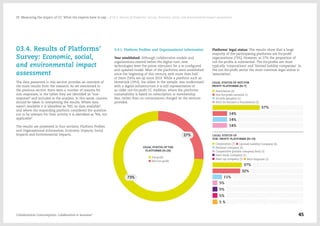 03.4. Results of Platforms'
Survey: Economic, social,
and environmental impact
assessment
The data presented in this section provides an overview of
the main results from the research. As we mentioned in
the previous section there were a number of reasons for
non-responses, in the tables they are identified as "non-
response" and included in the analysis. In this sense, caution
should be taken in interpreting the results. Where data
wasn't available it is identified as "ND, no data available",
and where the responding platform considered the question
not to be relevant for their activity it is identified as "NA, not
applicable".
The results are presented in four sections: Platform Profiles
and Organisational Information, Economic Impacts, Social
Impacts and Environmental Impacts.
3.4.1. Platform Profiles and Organisational Information
Year established: Although collaborative models and
organizations existed before the digital turn, new
technologies were the prime stimulant for a re-configured
and updated model. Most of the platforms were established
since the beginning of this century, with more than half
of them (54%) set-up since 2010. While a platform such as
HomeLink (1953), the oldest in the sample, was modernized
with a digital infrastructure it is still representative of
an older not-for-profit CC tradition, where the platforms
sustainability is based on subscription or membership
fees, rather than on commissions charged on the services
provided.
Platforms' legal status: The results show that a large
majority of the participating platforms are for-profit
organizations (73%). However, at 27% the proportion of
not-for-profits is substantial. The for-profits are most
typically 'corporations' and 'limited liability companies'. In
the not-for-profit sector the most common legal status is
'association'.
Collaborative Consumption: Collaboration or business? 45
03  Measuring the impact of CC: What the experts have to say… / 03.4. Results of Platforms' Survey: Economic, social, and environmental impact assessment
 