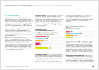 3.4.4 Environmental impact
As we mentioned in the first chapter, CC activities are
purported to have a number of environmental benefits,
including: extending the useful life of products, by reselling,
repairing or sharing them; increasing the efficiency of
transport and accommodation under a sharing paradigm;
promoting local interactions and reducing transportation;
fostering a sharing paradigm against hyper-consumption.
In order to measure environmental impact the study
sought to establish to what degree the platforms had
published environmental mission statements, if or
how they promoted sustainable values, to what degree
environmental impact was researched and we asked about
measures such as product reuse levels and the promotion
of ecological products.
Environmental mission statements: More than
half of the responding platforms claim to have an
environmental mission, assuming that there is a causal
link between their CC activities and a sustainable
economy. A small group of platforms do not have any
environmental statement (Bewelcome; Etece, Homeaway;
PPL; ScambioCasa) and five platforms answered that
environmental missions were “not applicable” to their
business (IntercambioCasas, Trip4Real, Time Republik,
Eatwith Spain and Eatwith Portugal).
Sustainable values: In a multiple response type question,
14 platforms identified their environmental values or
the way that their activity positively contributes to
environmental sustainability. Reducing hyper-consumption
was the most commonly stated value, followed by
waste reduction, CO2 reduction (claimed by carpooling
platforms, or reduced transport when products are
reused instead of buying new ones), energy efficiency and
localised consumption.
Environmental studies: Only a few platforms claimed to
have conducted studies on the environmental impact of
their activities: Segundamano, Repair Café and Blablacar.
These studies were mainly related to the reduction of
energy consumption and GHG reduction.
The research carried out by Segundamano was small,
but interesting because it was done in partnership with
an environmental organization (WWF), which ran the
study. Airbnb and Blablacar, two platforms that did
not participate in the study or that did so only very
superficially, organize their own environmental programs
but their participation in independent research is
necessary.
Promotion of environmentally sustainable and ecological
products: Huertos Compartidos responded that 100% of
their activity is ecological, as they promote small-scale
agriculture, which is usually associated with ecological
or organic production. HomeLink gave the same answer,
perhaps because they view private housing as being more
sustainable than hotels, although the connection is not
obvious. The platform OP Wielekes is entirely dedicated to
encouraging the use and re-use of bikes instead of cars, so
the connection is clear.
Support for environmental programs: 9 platforms (35%)
responded, stating that they supported or participated in
environmental programs or campaigns, which includes
'events' (E.g. Repair Cafe), 'awareness campaigns' (E.g. A
Bartering Day organised by Cose(In)Utili) and the platform's
'main area of activity', in the case of Huertos Compartidos
(organic agriculture), Nolotiro (product reusage).
Collaborative Consumption: Collaboration or business? 49
03  Measuring the impact of CC: What the experts have to say… / 03.4. Results of Platforms' Survey: Economic, social, and environmental impact assessment
 