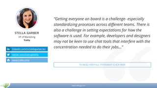 www.mikogo.com
STELLA GARBER
VP of Marketing
Trello
linkedin.com/in/stellagarber/en
twitter.com/startupstella
www.trello.com/
”Getting everyone on board is a challenge- especially
standardizing processes across different teams. There is
also a challenge in setting expectations for how the
software is used. For example, developers and designers
may not be keen to use chat tools that interfere with the
concentration needed to do their jobs…”
TO READ HER FULL STATEMENT CLICK HERE
 