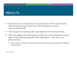 RESULTS
 "Our new team is very diverse, and we wanted to find a way towards
common ground, learn about each other and pick up useful
communication skills.
 We all agree that working with Judy helped us do all these things.
 “We have applied the techniques to clarify our communications to good
effect, both professionally within the organisation - and also in our
personal lives."
 David Clamp, Head of Safety and International Operational Support, Raleigh
International
© JUDY REES 2017
 