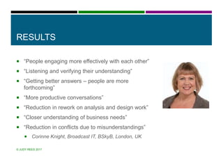 RESULTS
 “People engaging more effectively with each other”
 “Listening and verifying their understanding”
 “Getting better answers – people are more
forthcoming”
 “More productive conversations”
 “Reduction in rework on analysis and design work”
 “Closer understanding of business needs”
 “Reduction in conflicts due to misunderstandings”
 Corinne Knight, Broadcast IT, BSkyB, London, UK
© JUDY REES 2017
 