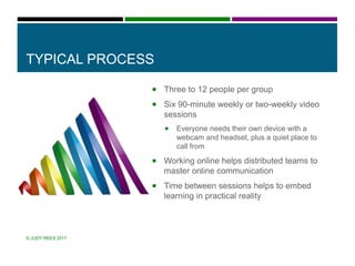 TYPICAL PROCESS
 Three to 12 people per group
 Six 90-minute weekly or two-weekly video
sessions
 Everyone needs their own device with a
webcam and headset, plus a quiet place to
call from
 Working online helps distributed teams to
master online communication
 Time between sessions helps to embed
learning in practical reality
© JUDY REES 2017
 