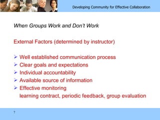 When Groups Work and Don’t Work External Factors (determined by instructor) Well established communication process Clear goals and expectations Individual accountability Available source of information Effective monitoring learning contract, periodic feedback, group evaluation 