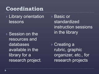 Coordination
   Library orientation      Basic or
    lessons                   standardized
                              instruction sessions
   Session on the            in the library
    resources and
    databases                Creating a
    available in the          rubric, graphic
    library for a             organizer, etc., for
    research project.         research projects
 
